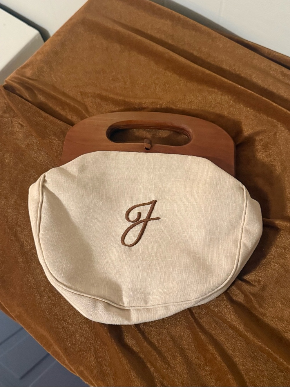 Vintage Smith’s Bermuda Bag Wood Handle Cream Linen Monogram J Preppy Purse